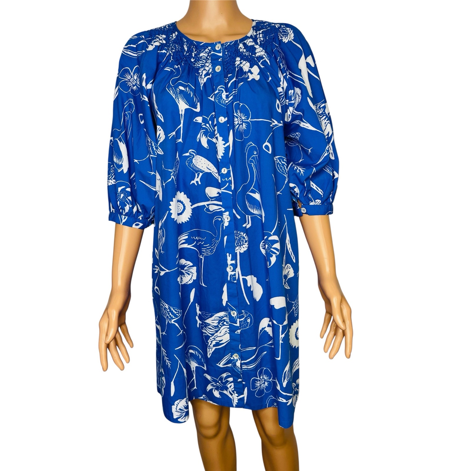 Oliphant Women’s Embroidered Button Mini Dress Size L Smocked Neck Shift